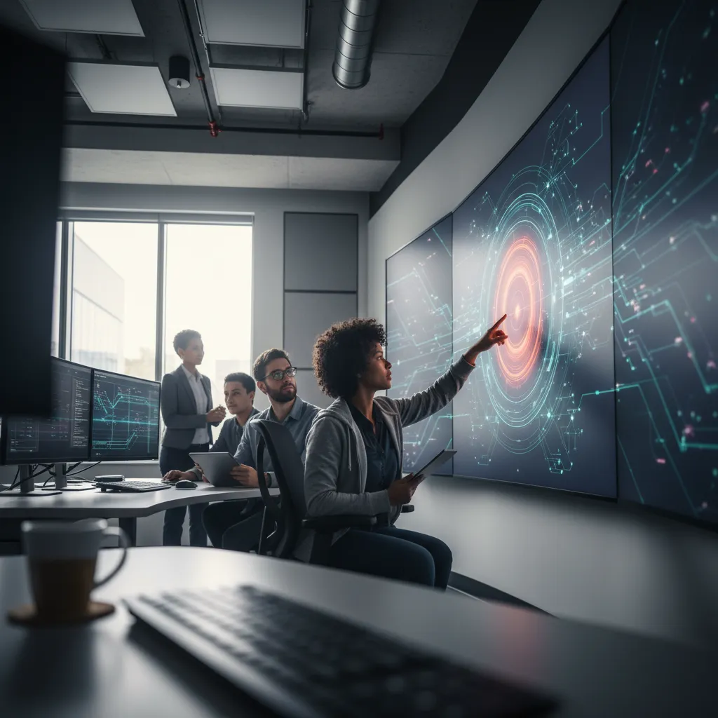 Security operations center with analysts using AI threat intelligence dashboards