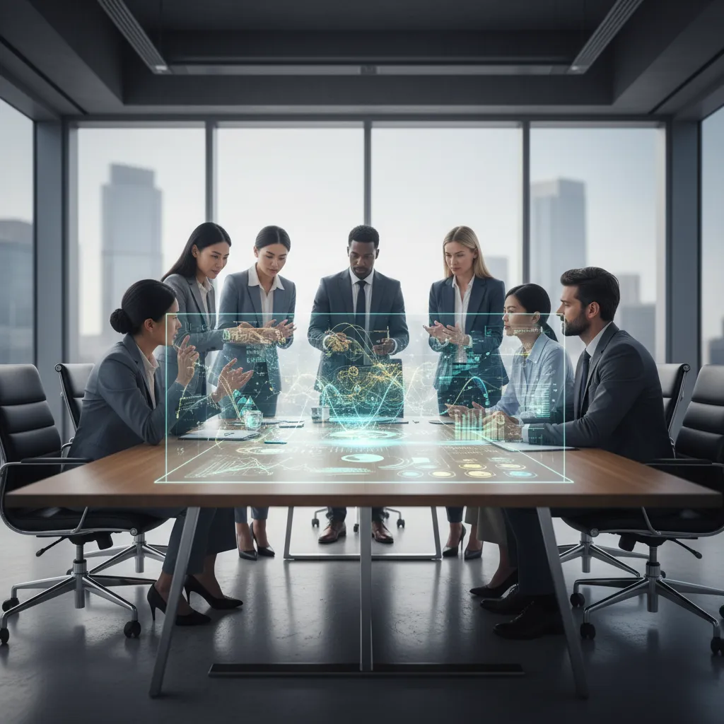 Executives analyzing ESG risk data and AI insights on a holographic screen in a corporate boardroom