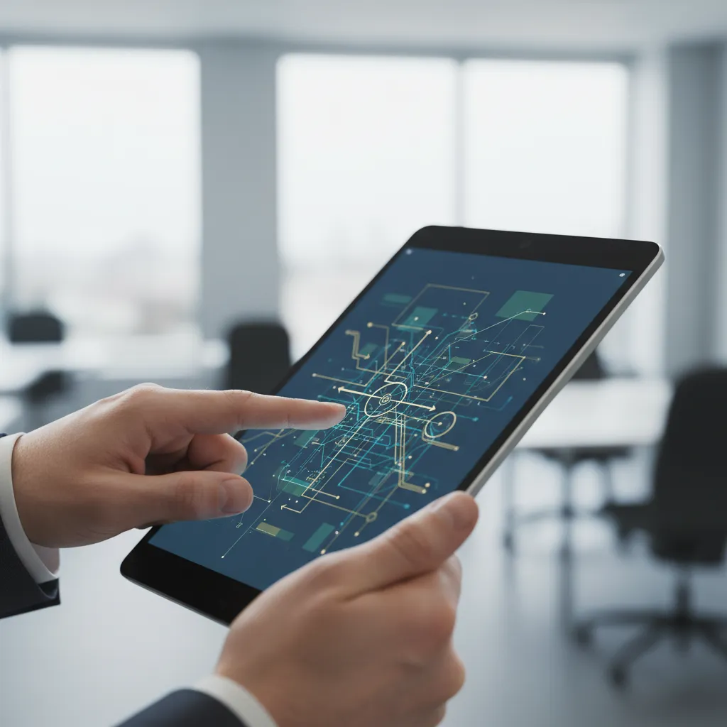 Hand pointing at tablet displaying AI financial prediction models