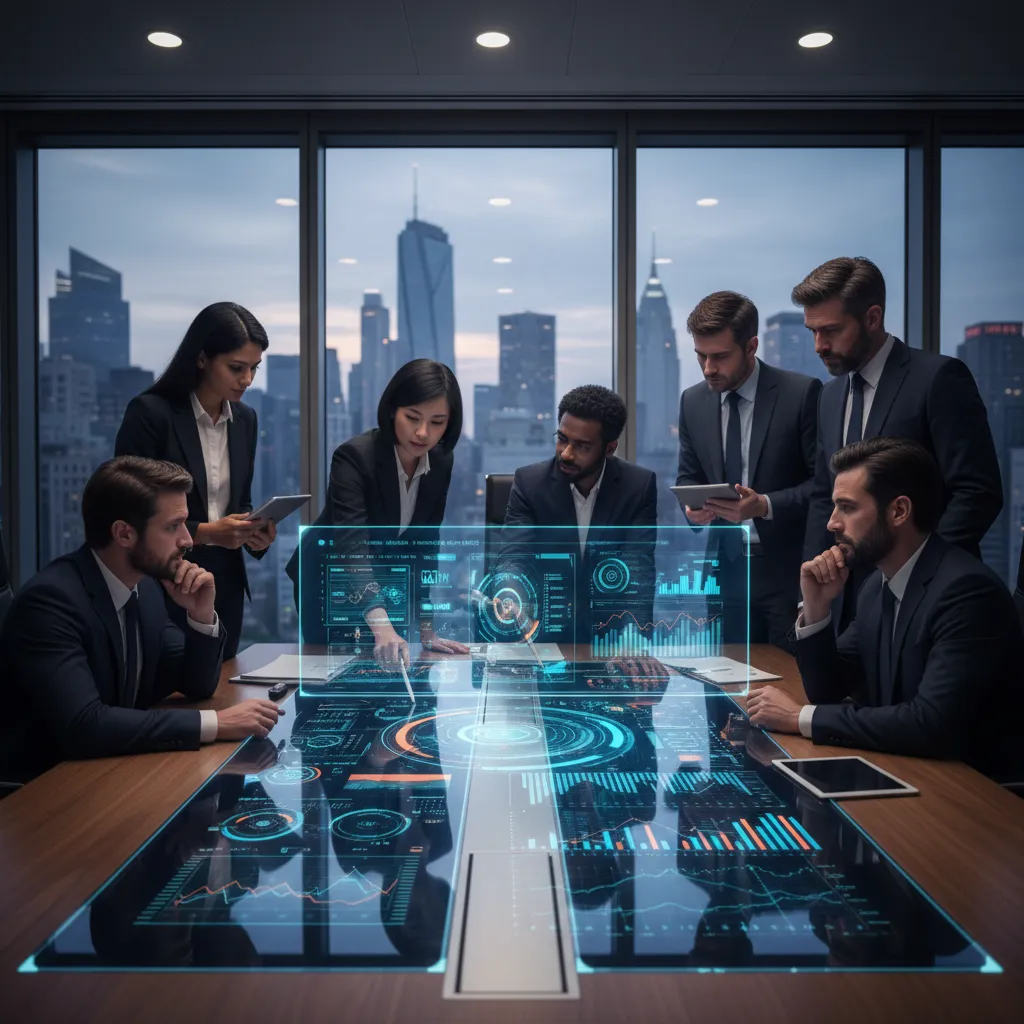 Executives analyzing AI-powered financial risk management dashboard