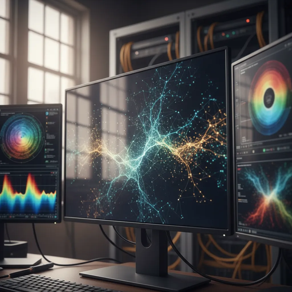 Close-up shot of a sophisticated machine learning algorithm's code or data visualization on multiple screens, indicating complex pattern recognition for fraud.