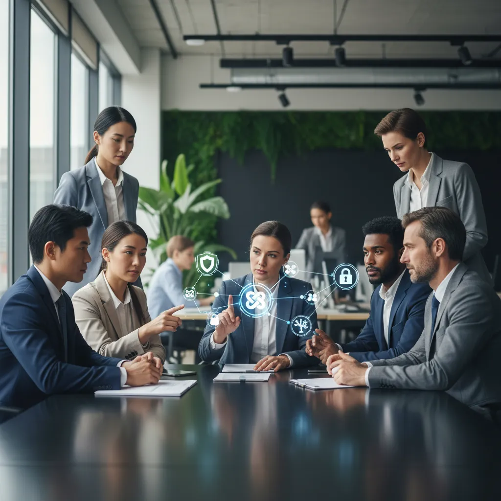 Diverse business leaders discussing AI governance, projected on a transparent screen, representing ethical considerations and strategic oversight.