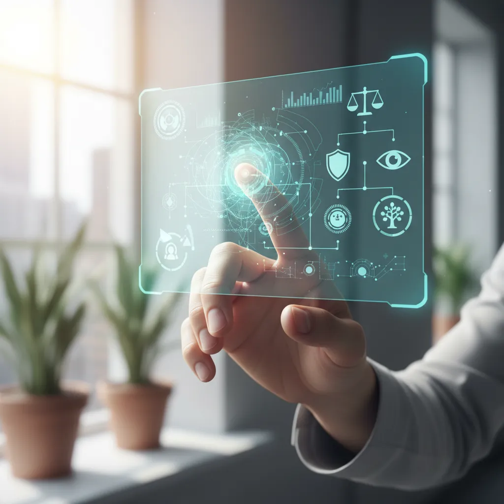 A close-up of a human hand interacting with a holographic interface, displaying AI ethics principles and compliance checklists in a clean, professional manner.