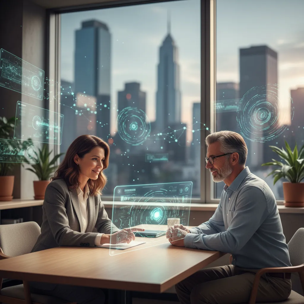 Insurance agent using AI insights to provide clear information to a satisfied customer