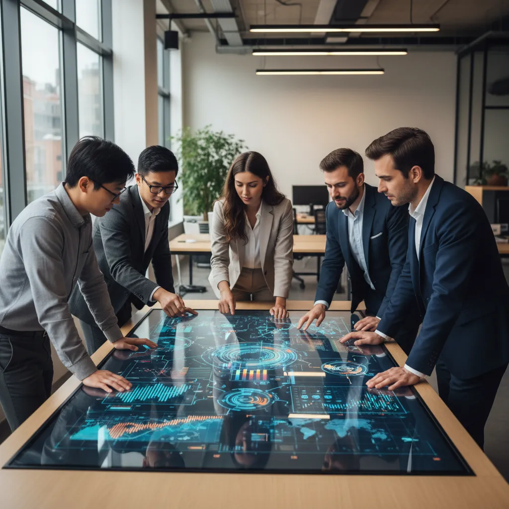 Diverse business team analyzing AI-driven market data for strategic decisions.