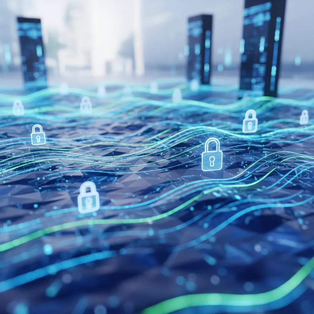 Abstract representation of secure data flow and privacy for AI and SaaS businesses