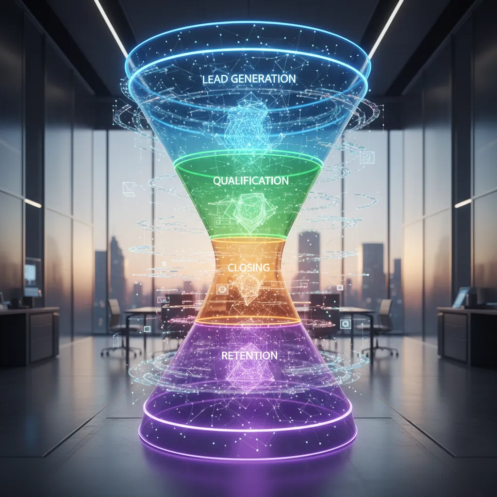AI-driven sales pipeline visually optimizing lead generation, qualification, and closing stages for predictable revenue growth.