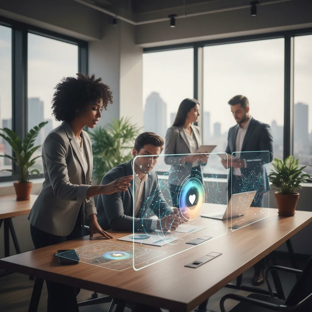 Sales professionals using an AI-powered CRM dashboard to gain predictive insights and collaborate on customer engagement strategies.