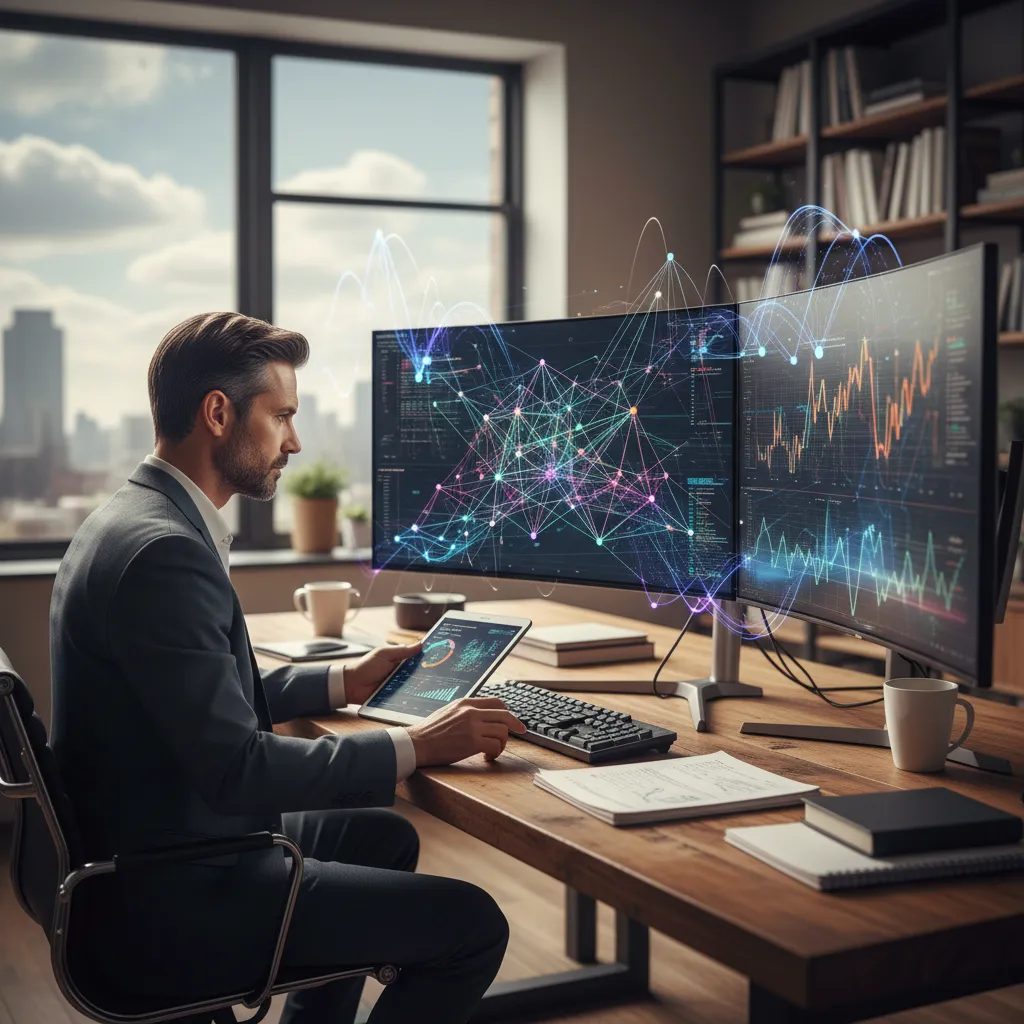 Business strategist using AI interface to analyze financial models and market trends