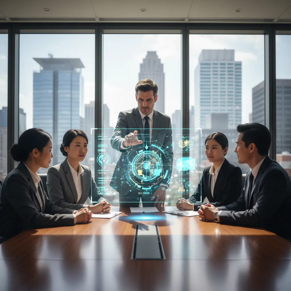 Business executives collaborating with AI-powered holographic data visualizations