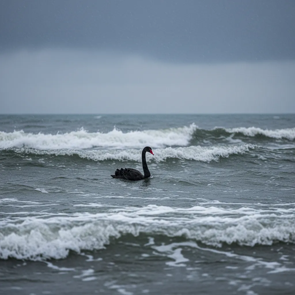 Black swan swimming in stormy waters, representing an unexpected market event