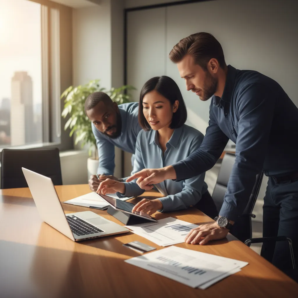 Business owners reviewing financial data and a business credit card, strategizing for company growth.