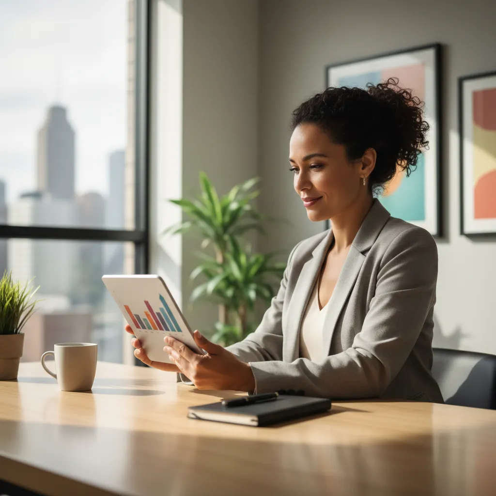 Small business owner reviewing business credit report and financial growth strategy on a tablet.