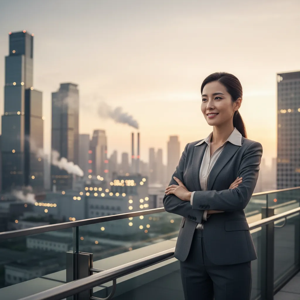 Successful business owner overlooking a city, symbolizing financial growth and stability