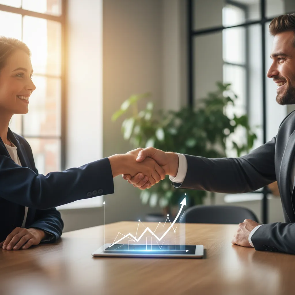 Business partners shaking hands over a table, symbolizing successful growth and investment