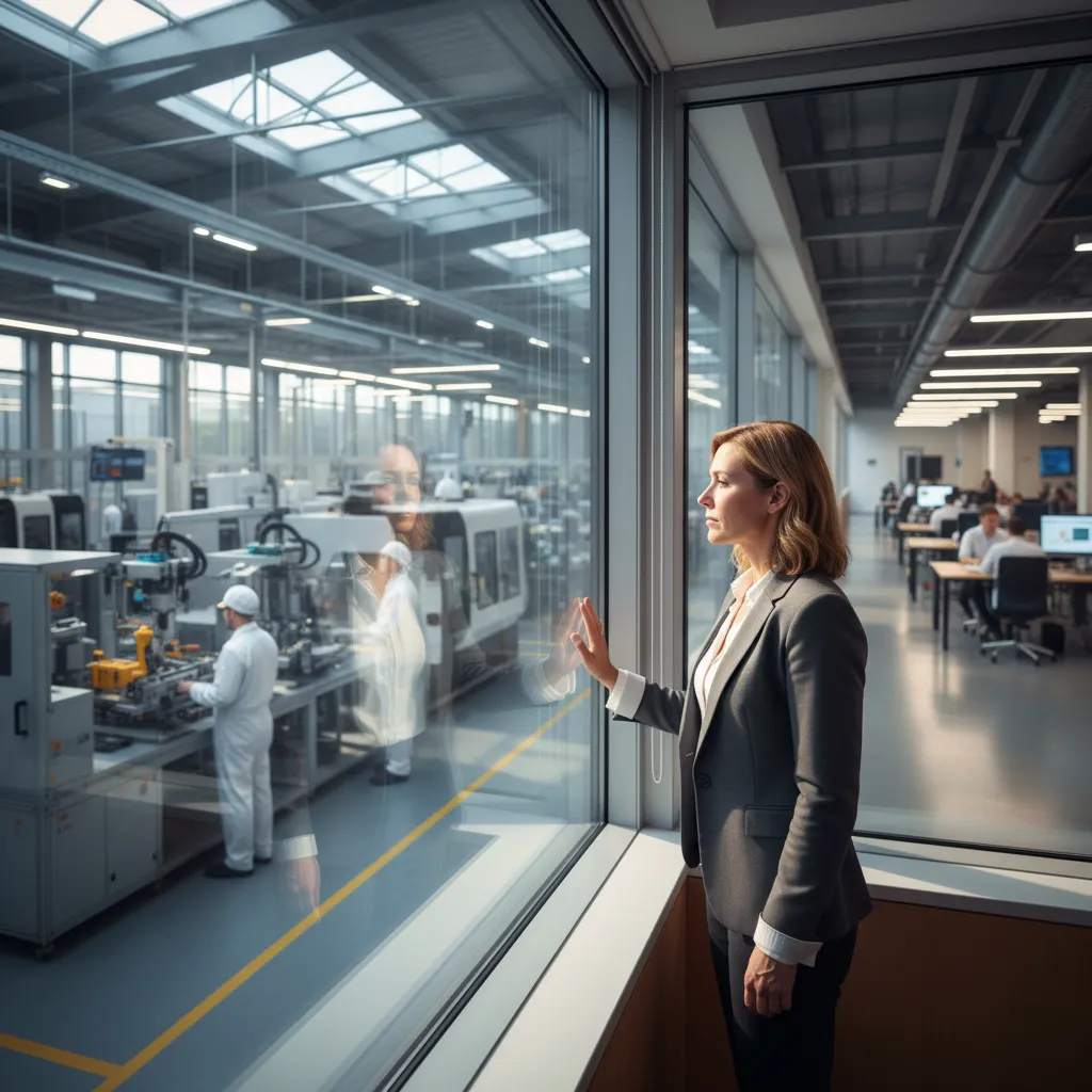 Business owner looking out at a thriving business, representing the legacy and continuity of succession planning.