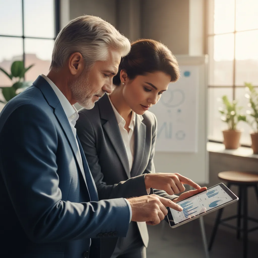 Two business owners strategically planning succession in a modern office, reviewing financial projections.