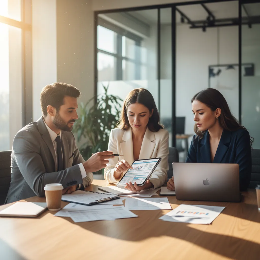 Financial professionals discussing capital gains tax strategies and investment planning in a modern office.