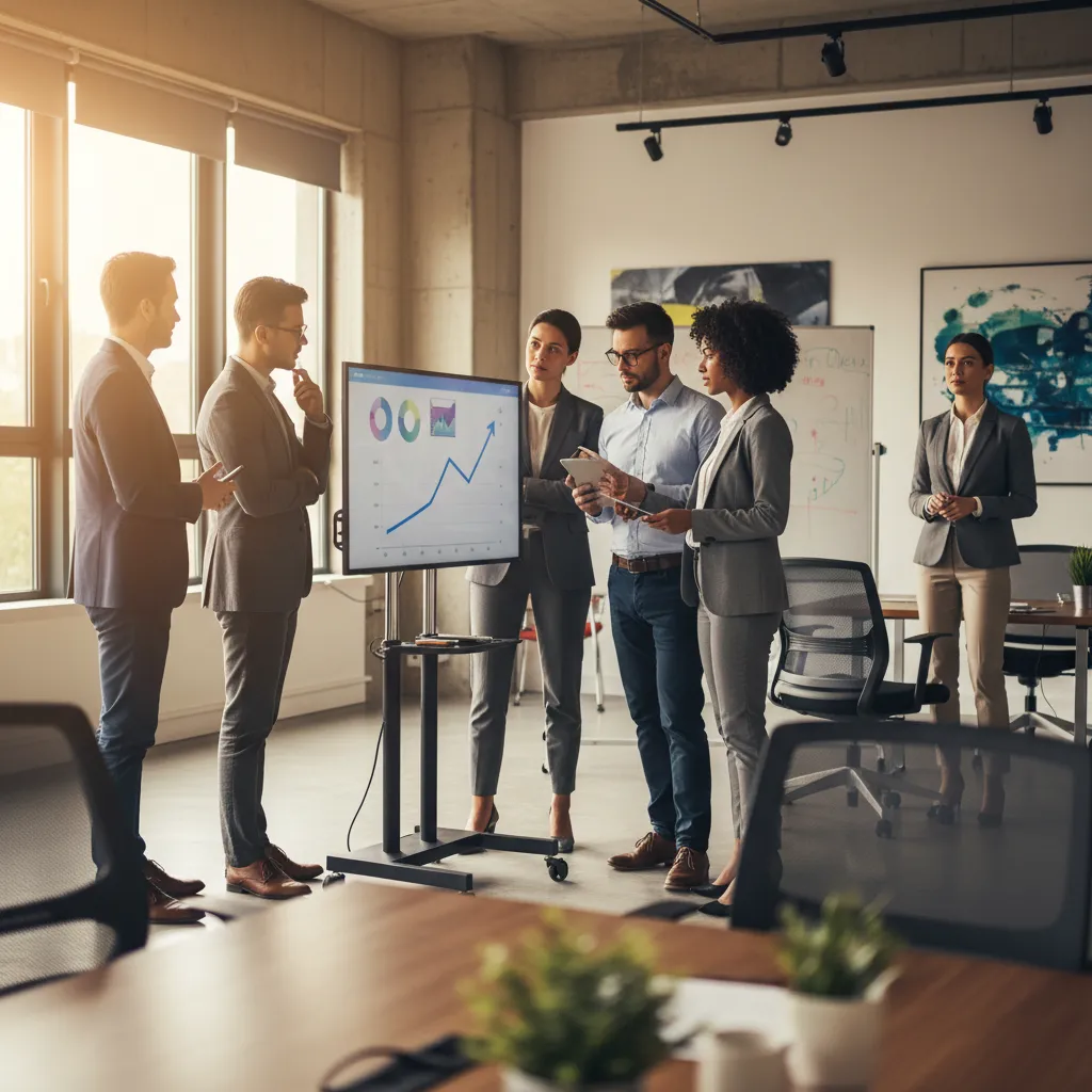 Business team analyzes cash flow reports and financial data on a digital dashboard, strategizing for growth.