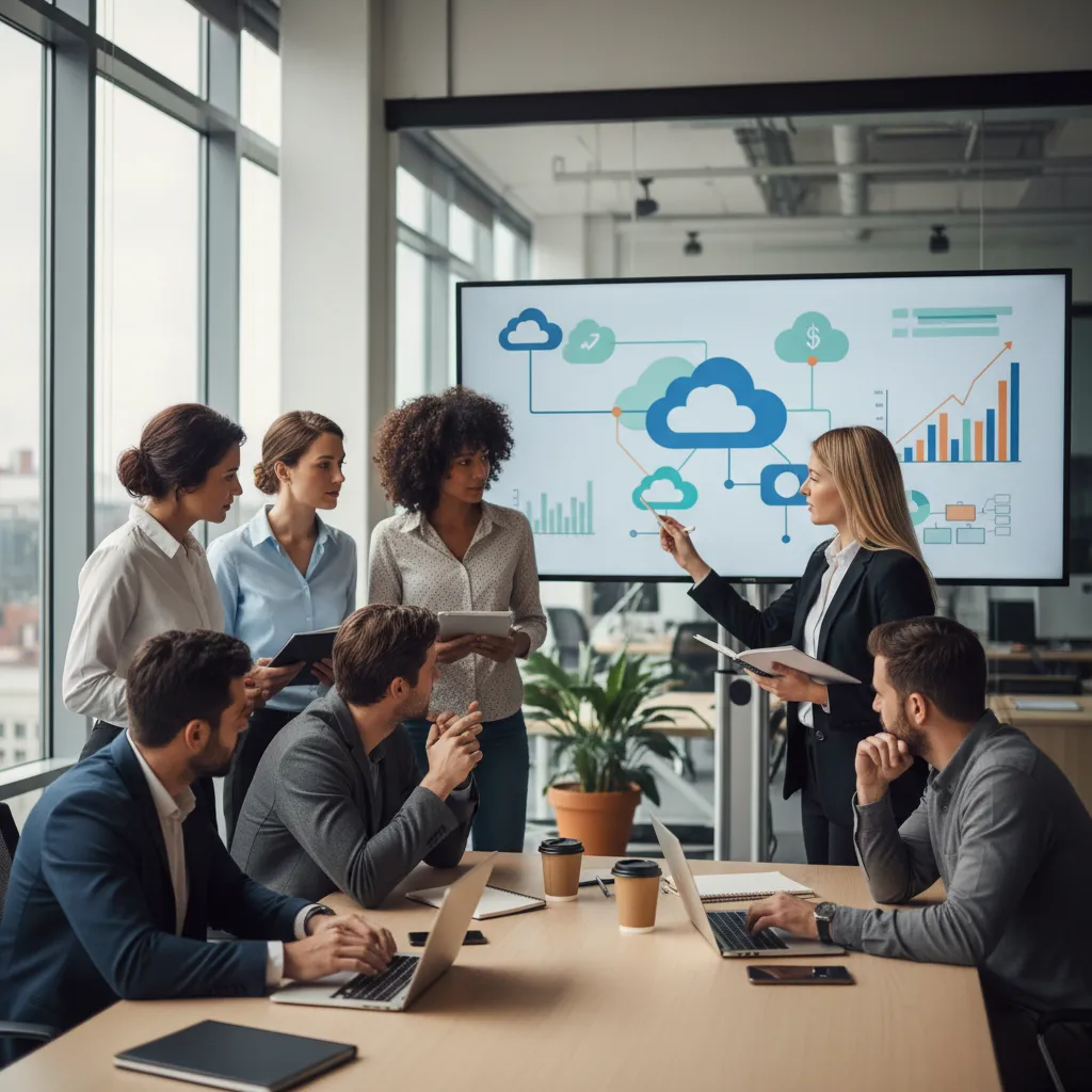 Business leaders discussing cloud migration strategies and cost projections on a large screen