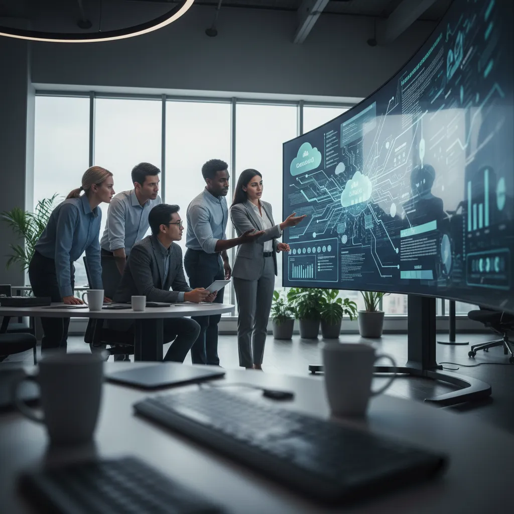 Cybersecurity team analyzing cloud security posture on a dashboard, demonstrating strategic oversight.