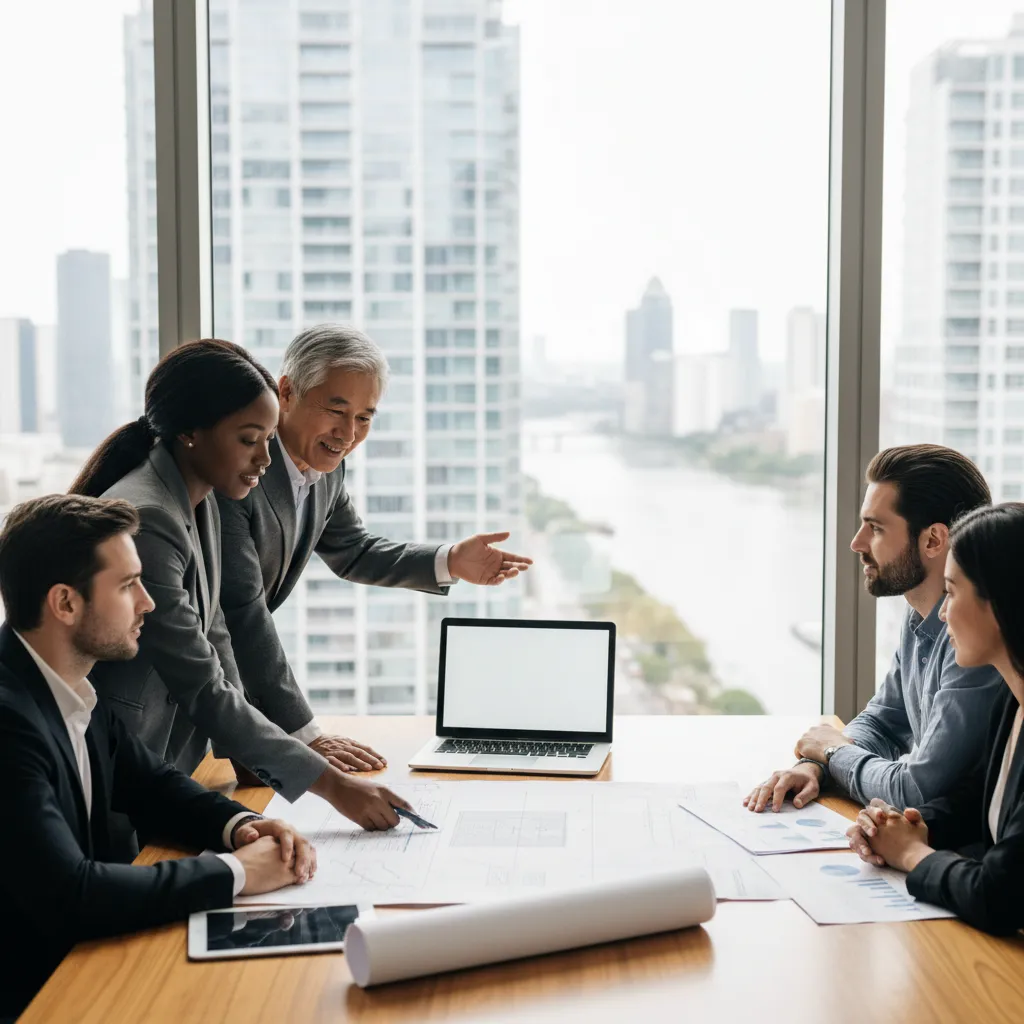 Diverse investors strategizing commercial real estate investments with blueprints and city skyline in background