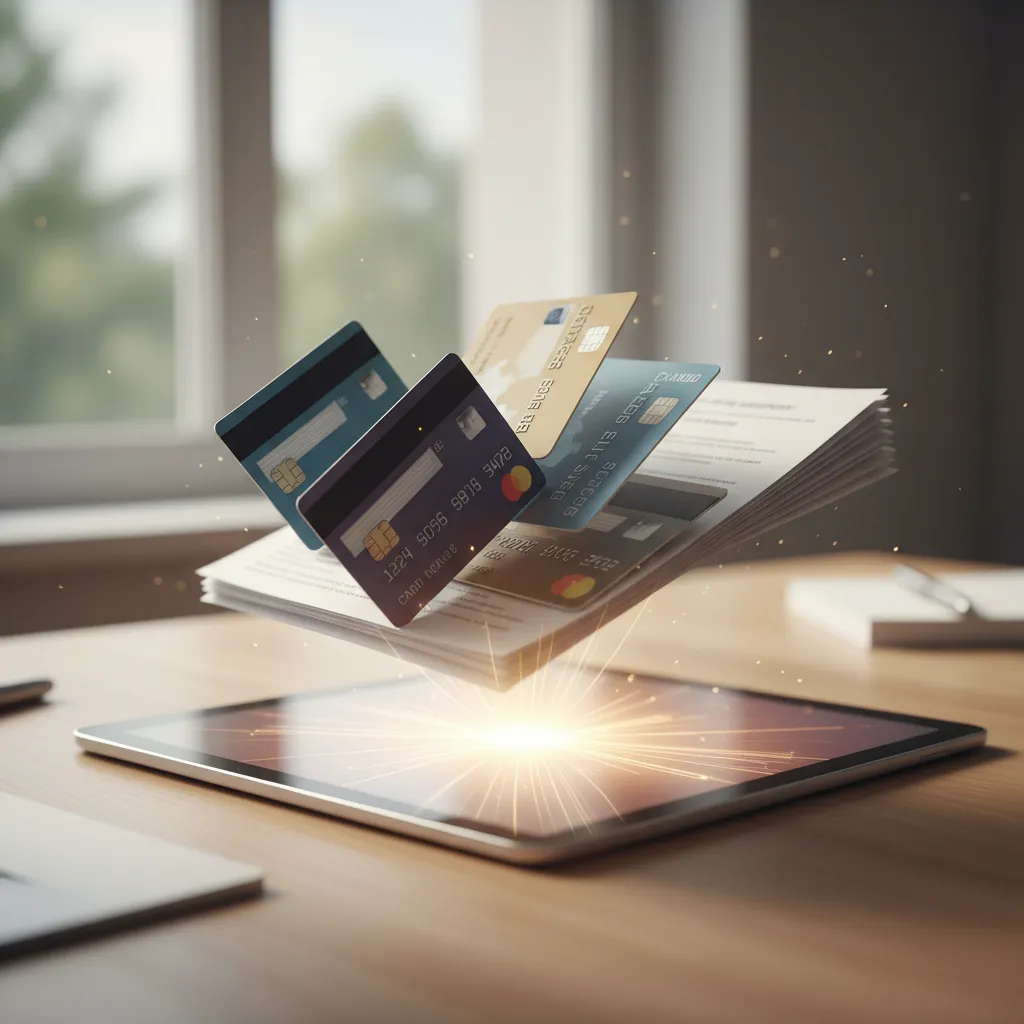 Various credit cards and loan papers being streamlined into a single, simplified document