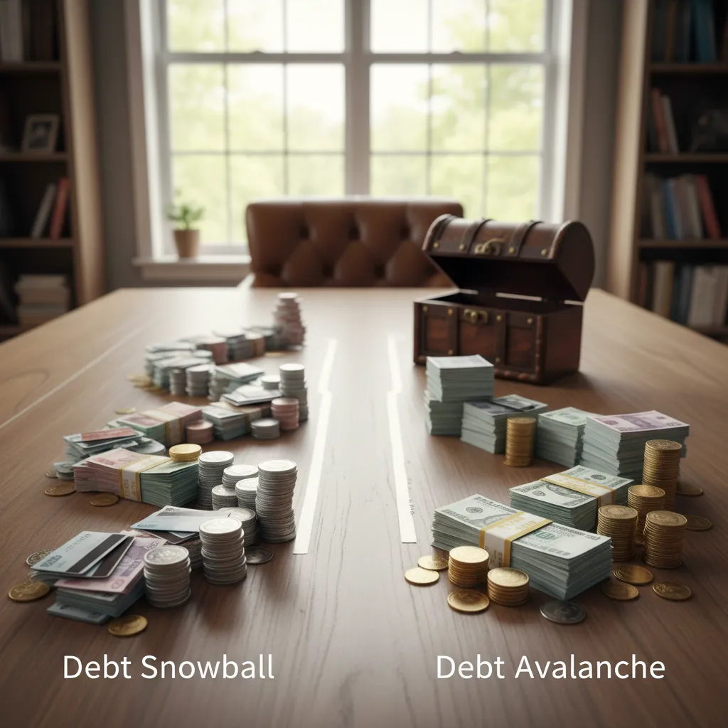 Visual comparison of debt snowball vs. avalanche strategies for paying off multiple high-interest debts.