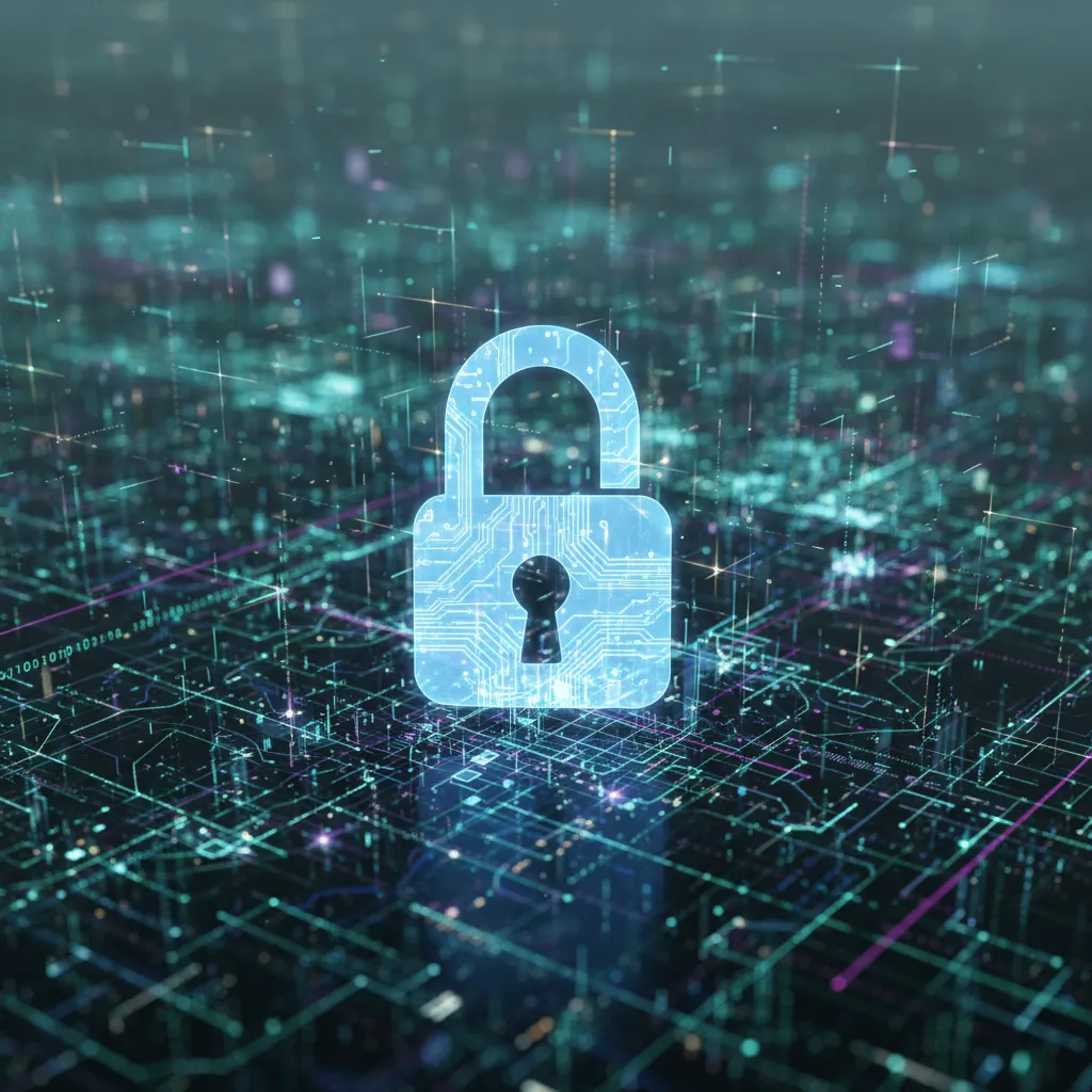 Digital padlock securing a complex network, symbolizing comprehensive cyber insurance coverage against threats