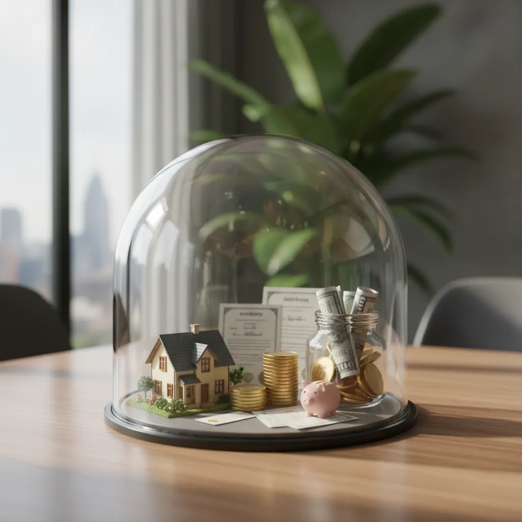 Various assets like a house, stock chart, and savings protected under a clear dome