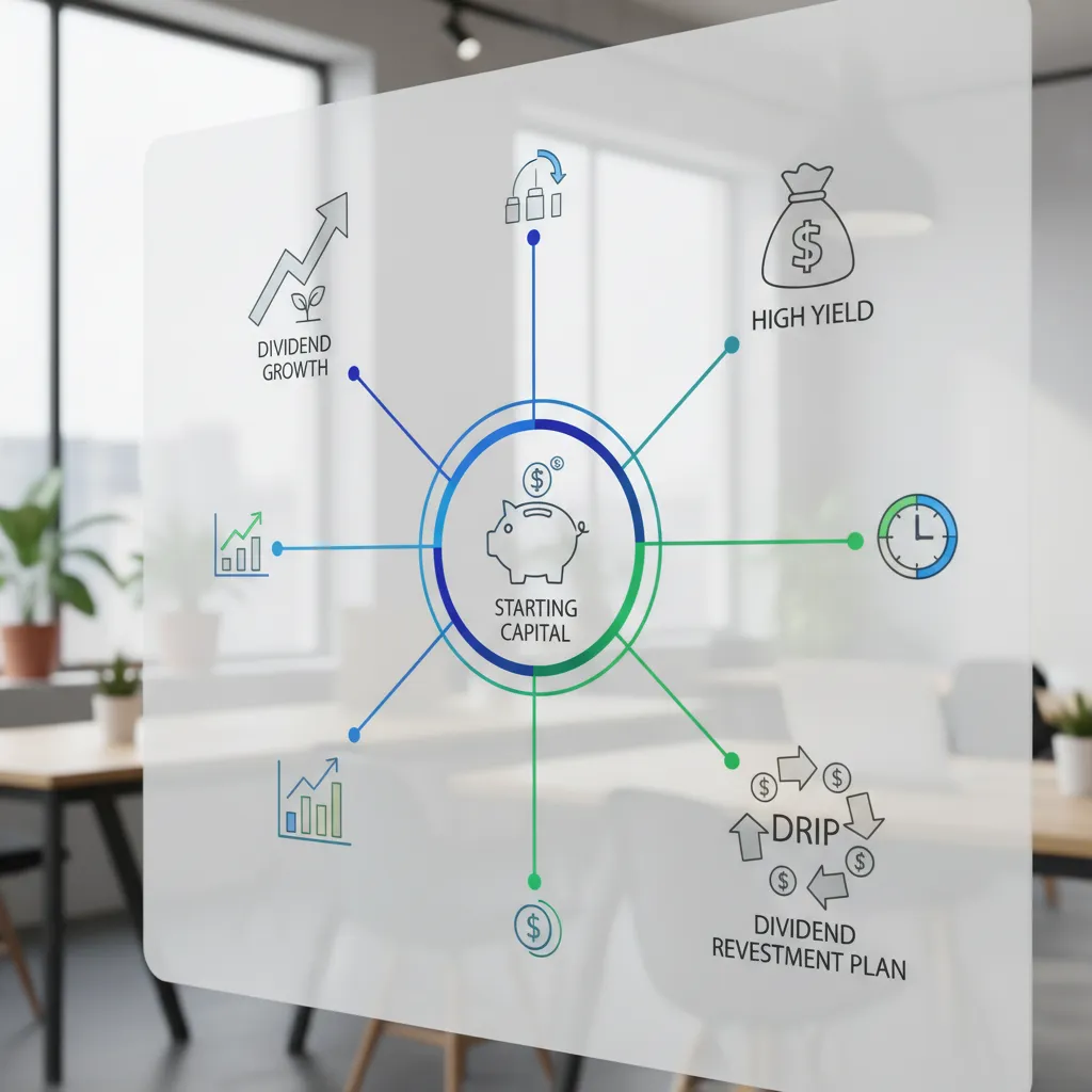 An infographic-style image illustrating different types of dividend investing strategies like DRIP, growth, and income, with connecting lines and icons representing each approach.