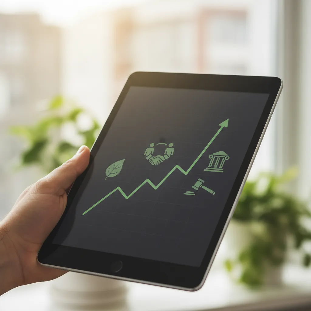Hand holding a tablet displaying a financial chart with green, upward-trending lines and ESG icons.