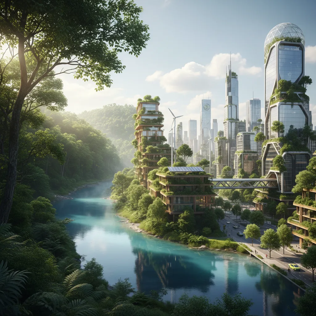 Landscape transitioning from a pristine natural environment to a sustainable, modern city skyline, symbolizing ESG impact.