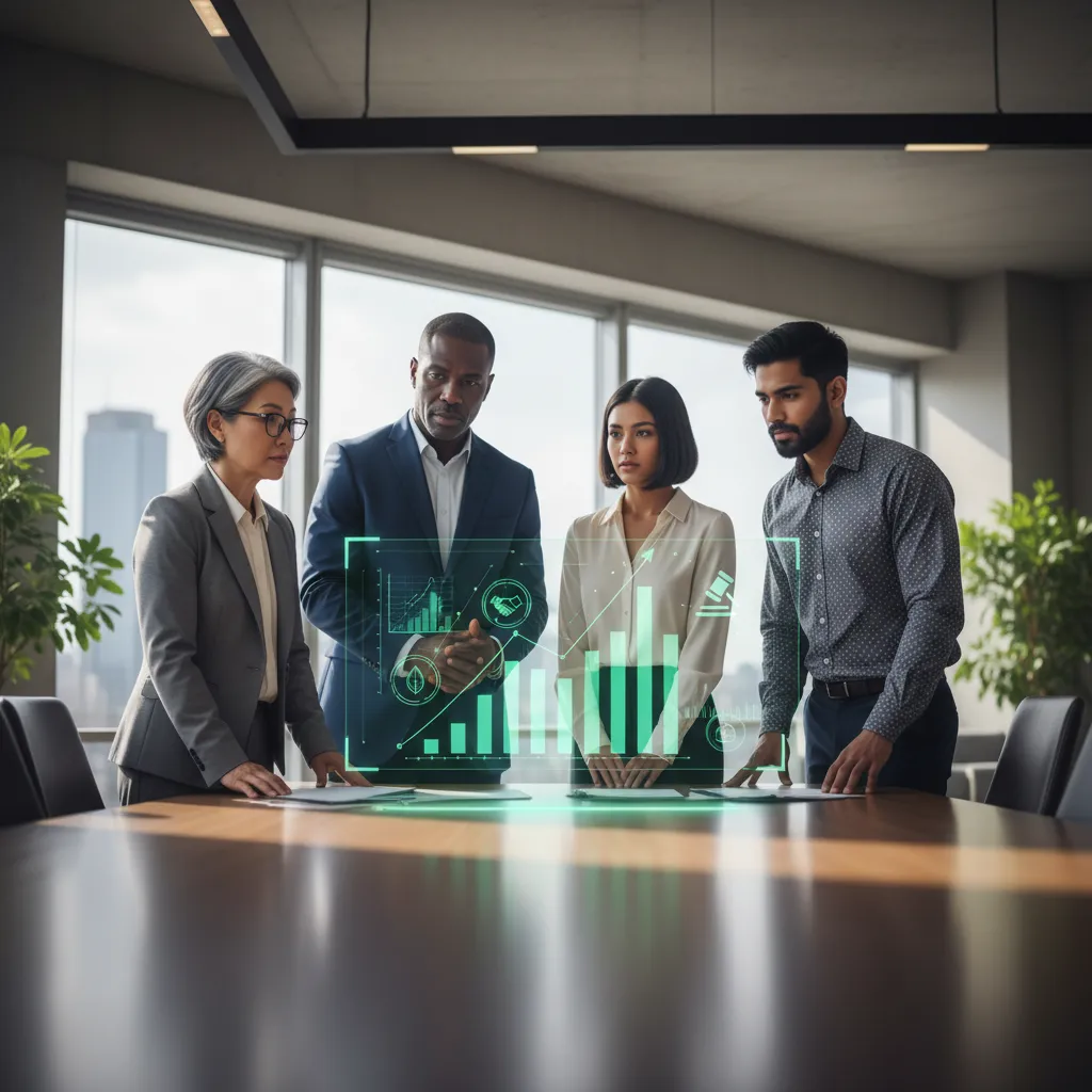 Diverse investors analyze ESG data on a holographic display, strategizing for sustainable returns and impact.