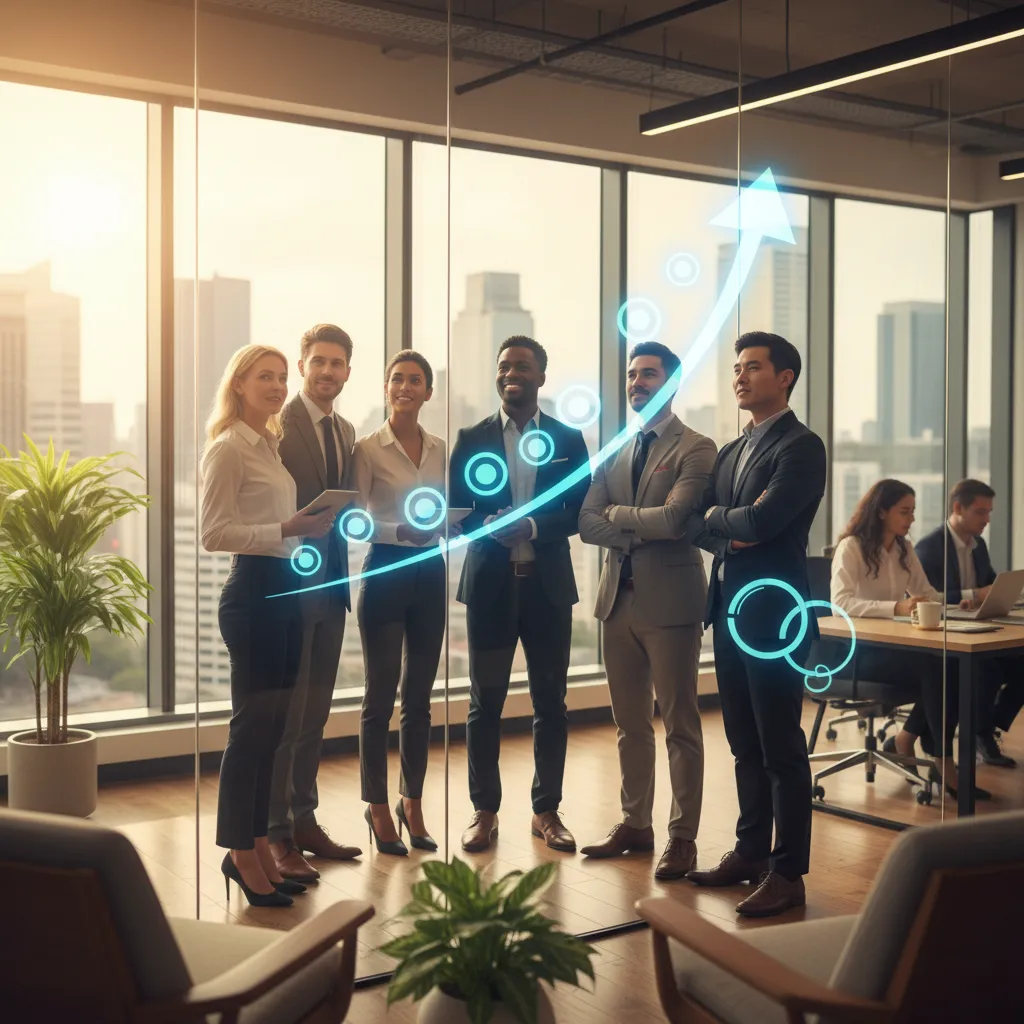 Diverse business team viewing a growth chart, representing strategic planning for an Employee Stock Ownership Plan (ESOP)
