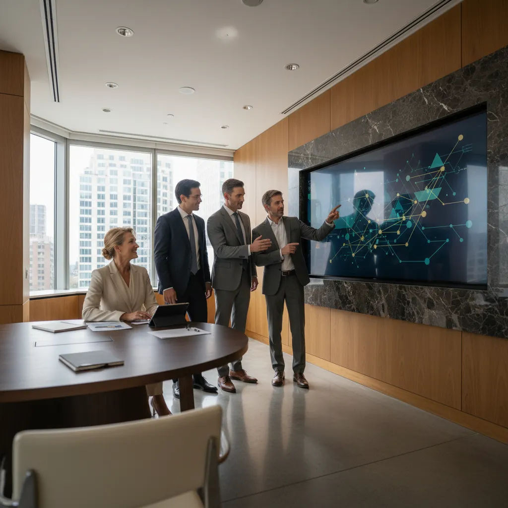 Executives reviewing financial data in a modern family office, symbolizing strategic wealth management.