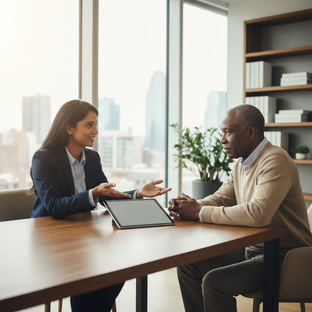 A diverse female financial advisor explaining investment documents to a couple, building trust and clarity in a modern office setting.