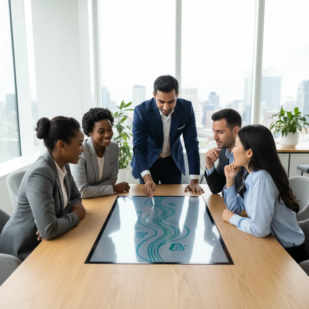 Clients consulting with a financial advisor in a bright office, discussing financial plans and building trust.