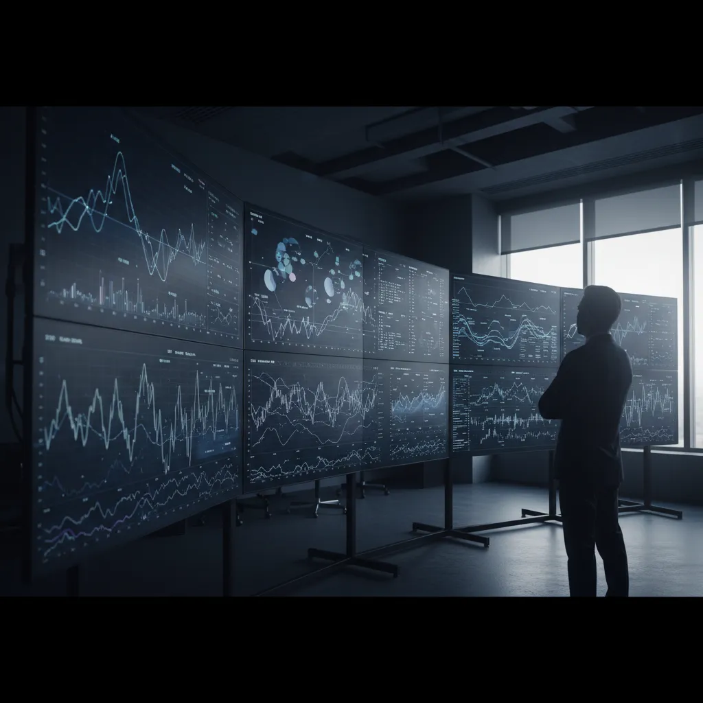Complex financial dashboard showing stock charts and market data, symbolizing hedge fund strategy and analysis