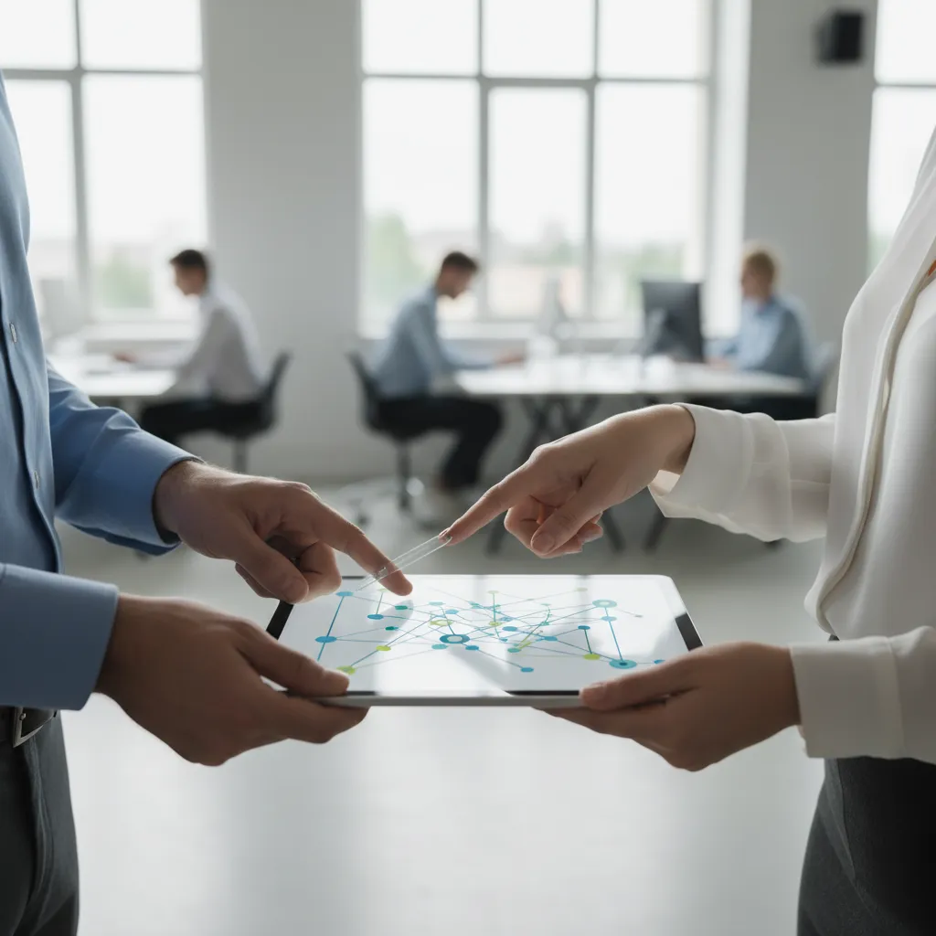 Hands analyzing financial data on a tablet during private equity due diligence.