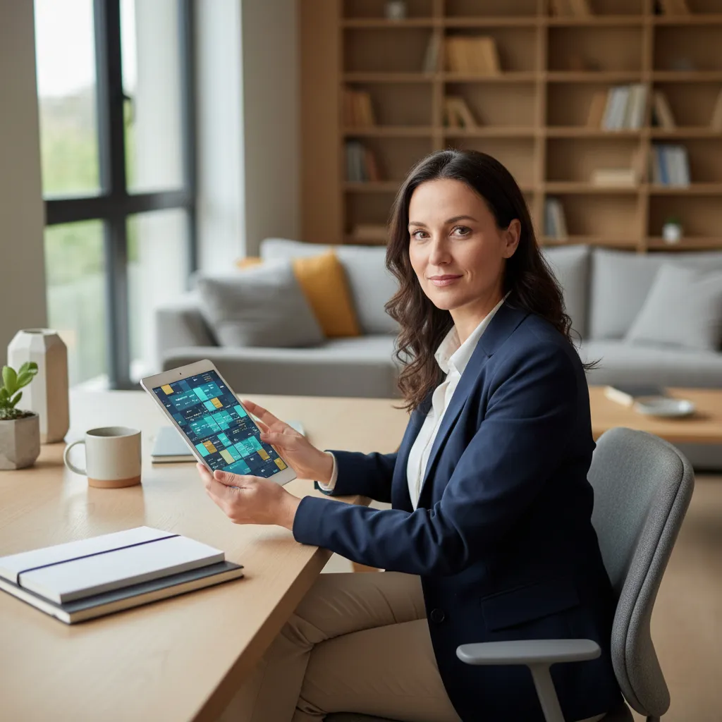 Person confidently reviewing an investment plan on a tablet, symbolizing financial control