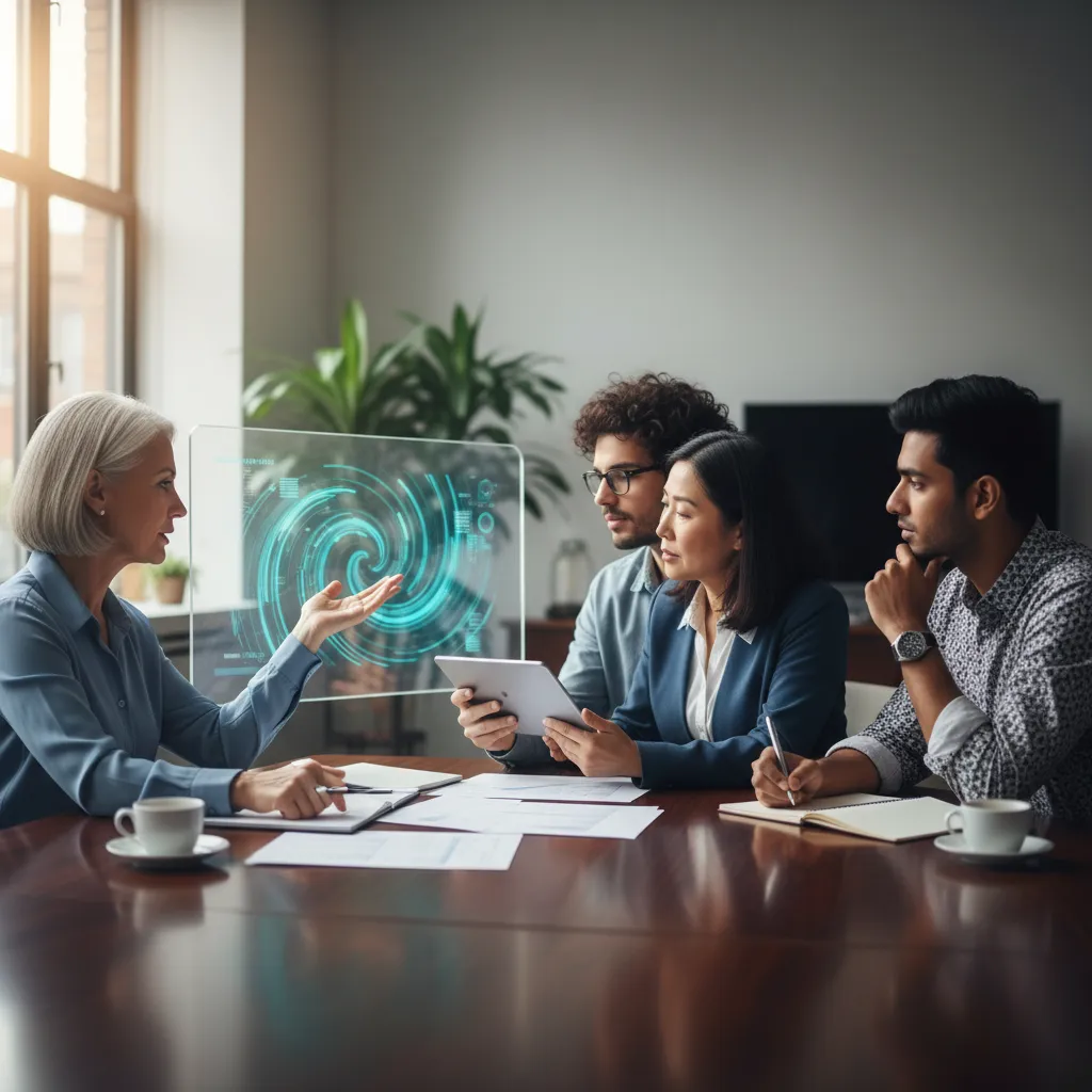 People of different ages discussing investment strategies and financial plans at a modern table.