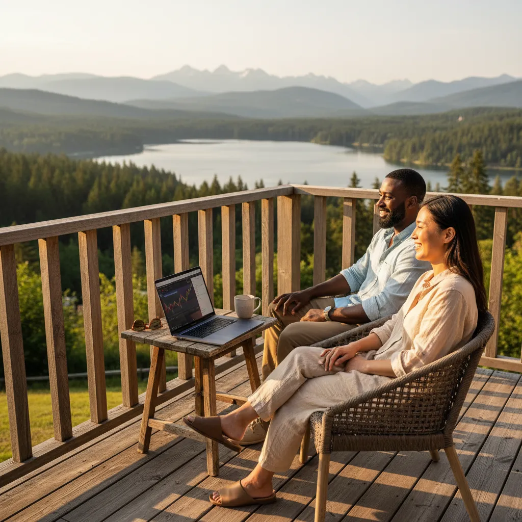 Couple enjoying financial freedom and early retirement planning on a scenic balcony