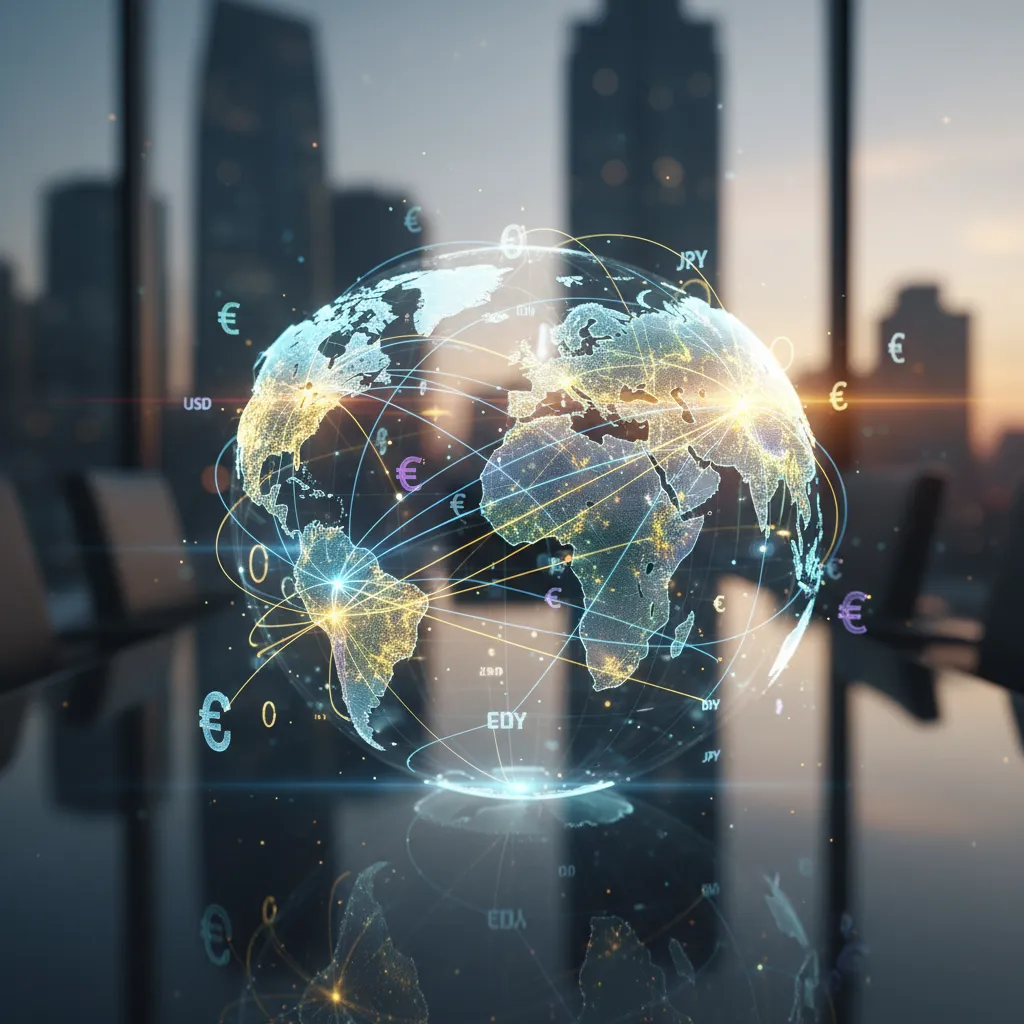 Abstract visualization of global trade and interconnected financial markets with currency flows