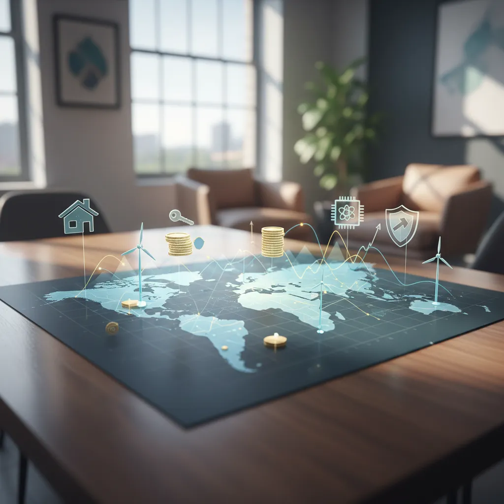 Global investment map with diverse asset icons, illustrating family office diversification strategies.