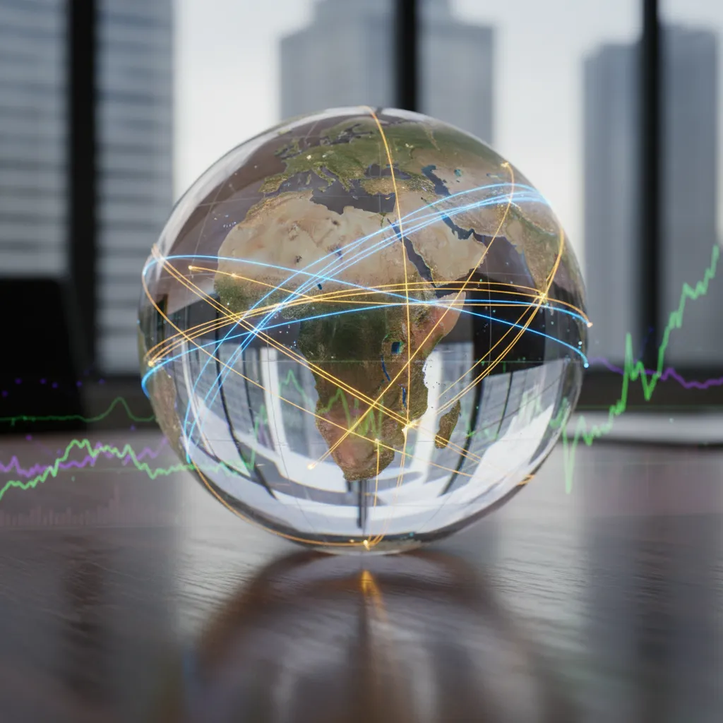 Globe with interconnected routes and financial data, illustrating global infrastructure investment and portfolio diversification