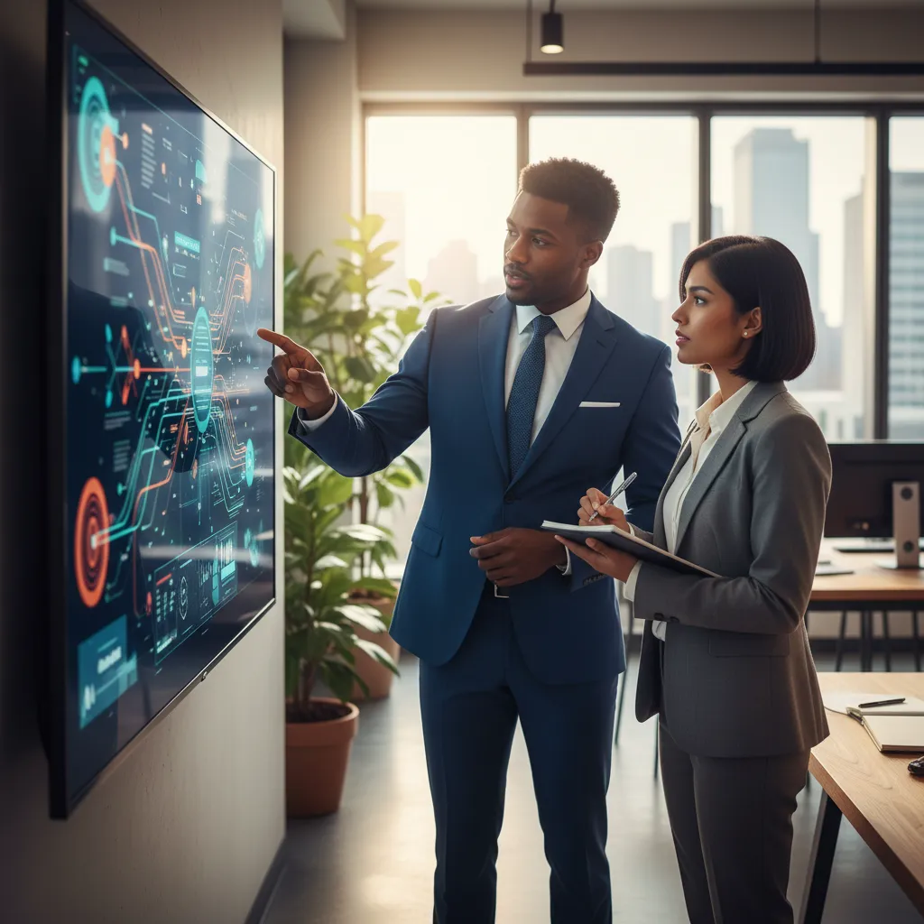 Executives collaborating with AI-driven insights for business strategy