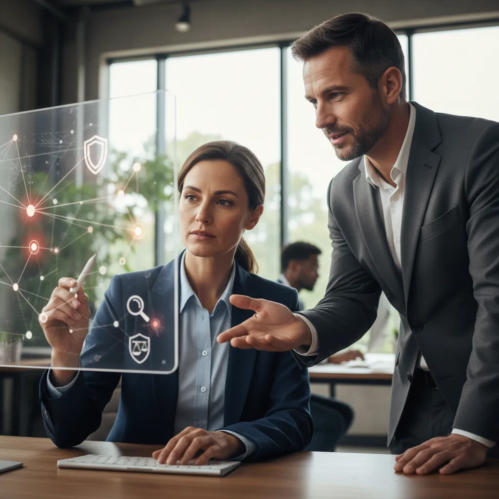 Compliance officer collaborating with AI for regulatory risk and compliance