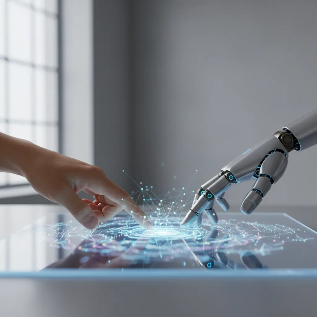 Human and AI hands collaborating on digital content creation