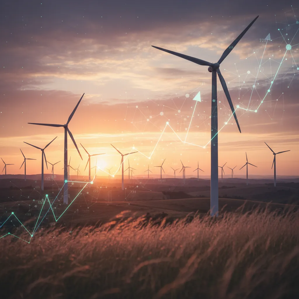 Wind turbines at sunset with subtle financial data overlay, illustrating investment in renewable energy and environmental impact.
